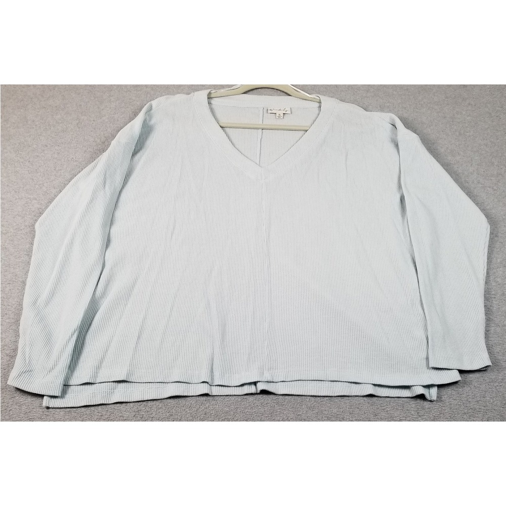 Wonderly Waffle Knit Top Women XL Blue Sheer V-Neck Long Sleeve Thermal Pullover